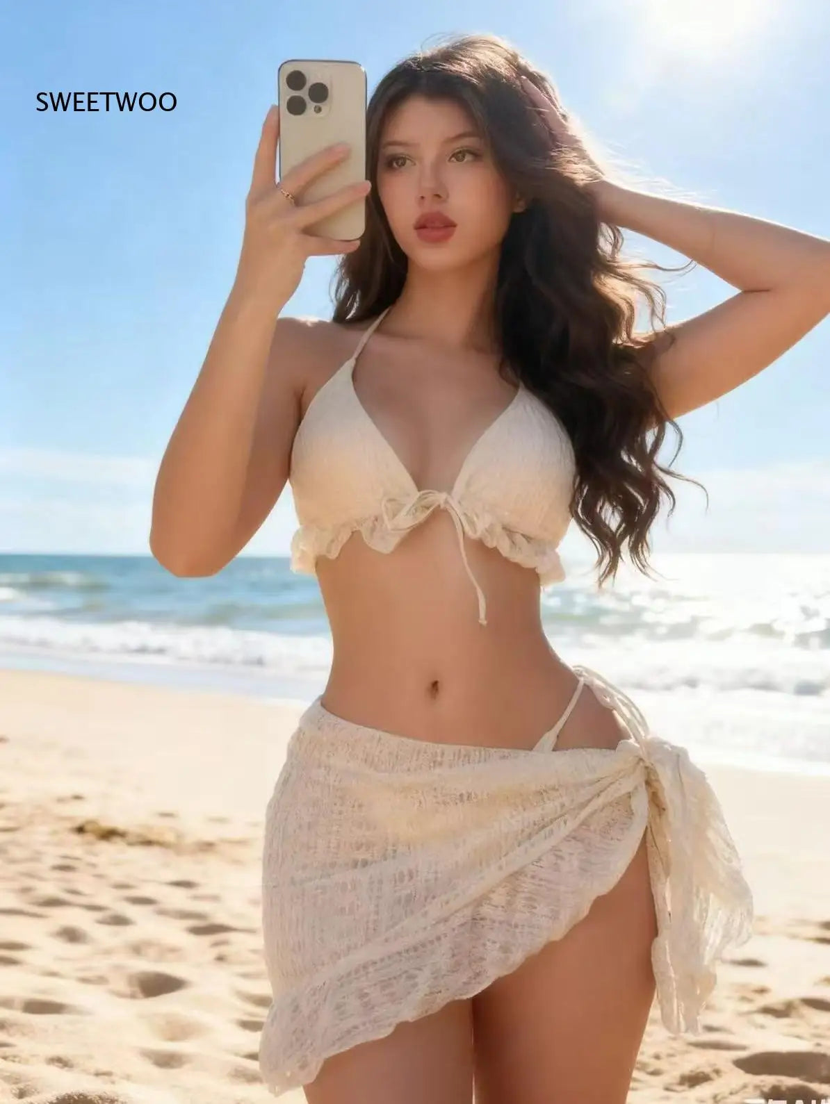 Women's Sexy Bikini Set 3 Piece Swimwear With Cover Up Skirt Beachwear Halter Top Bottoms Summer Vacation Swimming Suit Outfit