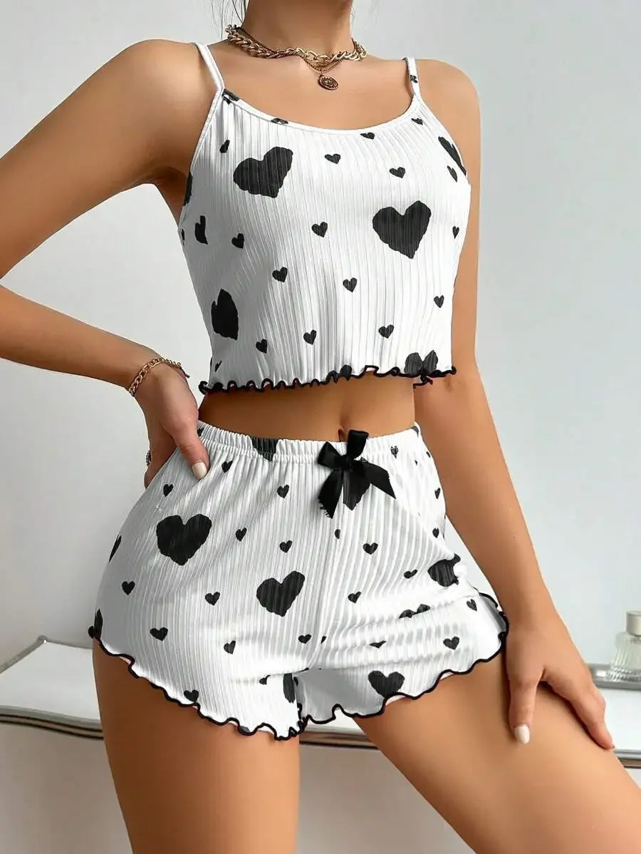 2pcs Women's Pajama Set Sexy Cute Kawaii Pajamas Women Suspenders Sun-Tops Loungewear Set Shorts Y2K Lolita Heart Silk Sleepwear