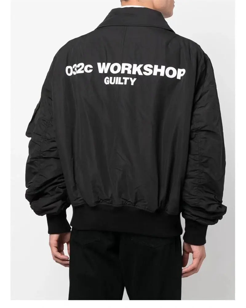 032C black silhouette short wide bomber zip multi pocket jacket