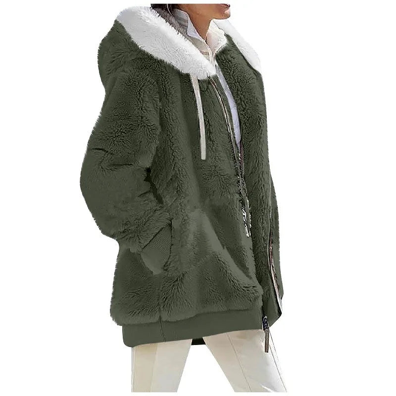 New Style Winter Fashion Women's Coat Casual Hooded Zipper Ladies Clothes Cashmere Women Fleece Jacket Solid Color Ladies Coats