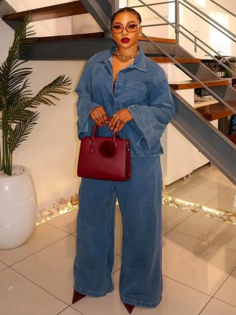 Vintage Denim 2 Piece Sets Women Outfit Spring Clothes Women 2026 Long Sleeve Shirt Top Straight Jeans Pant Set Cowboy Woman Set
