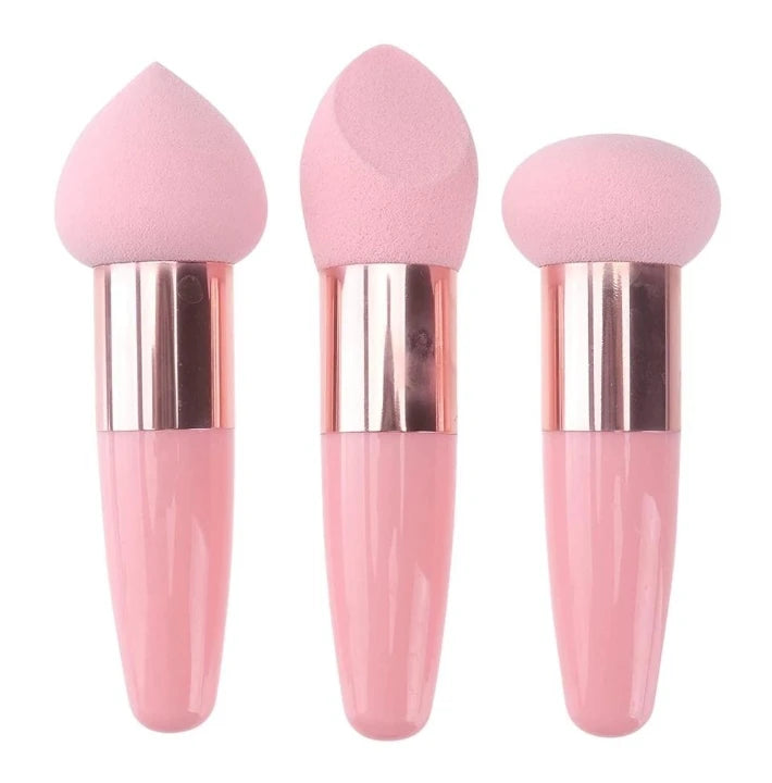 3-Piece Makeup Sponge Set with Handles - 3 Unique Shapes  with Plastic Handles for Flawless Foundation, Blending, and Detailing,