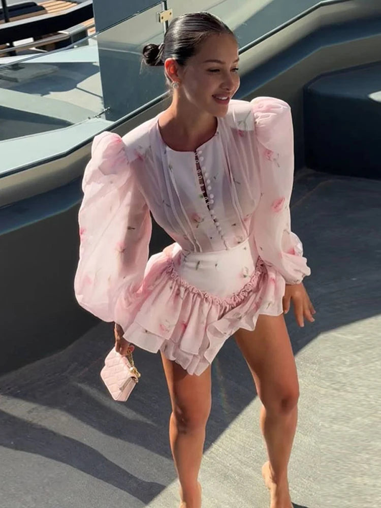 Women Rose Print Dress Puff Long Sleeve Mini Dress Sheer Mesh Ruffle Hem Button Front Fairy Party Short Dresses Summer Wear