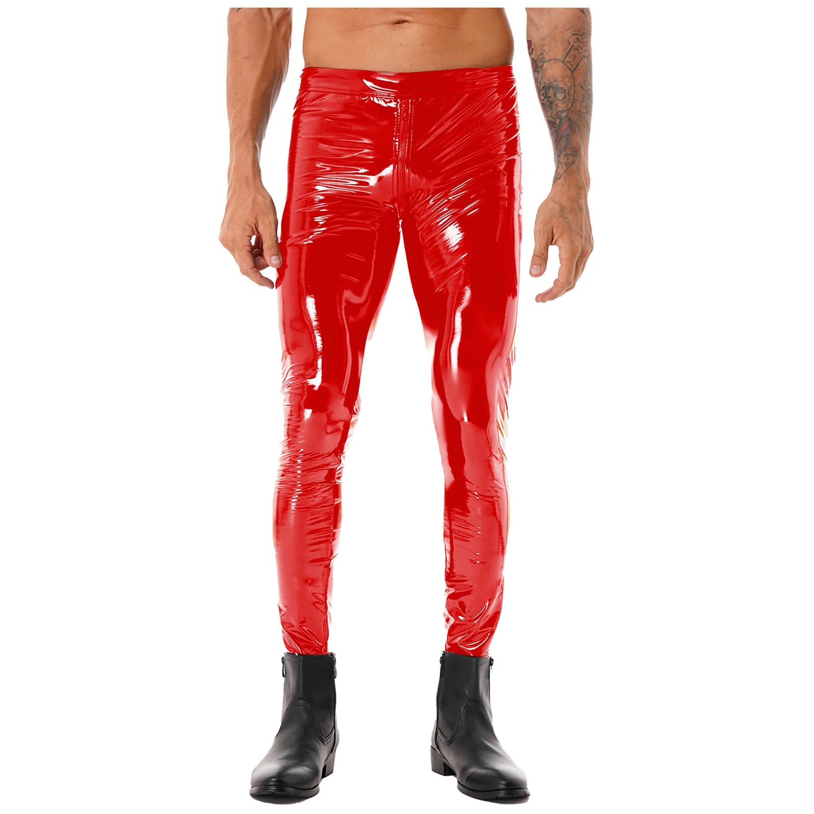 Men Latex Leather Pants Low Waist Faux Leather Shiny Pants Fashion Tight Trousers for Club Stage Show Rock Band Performance
