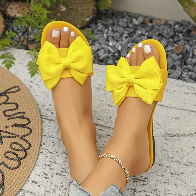 Womens Slip on Flat Sandals Big Bowknot Wide Strap Slides Mules Open Toe Casual Sweet Summer Beach Comfort Daily Walking Shoes