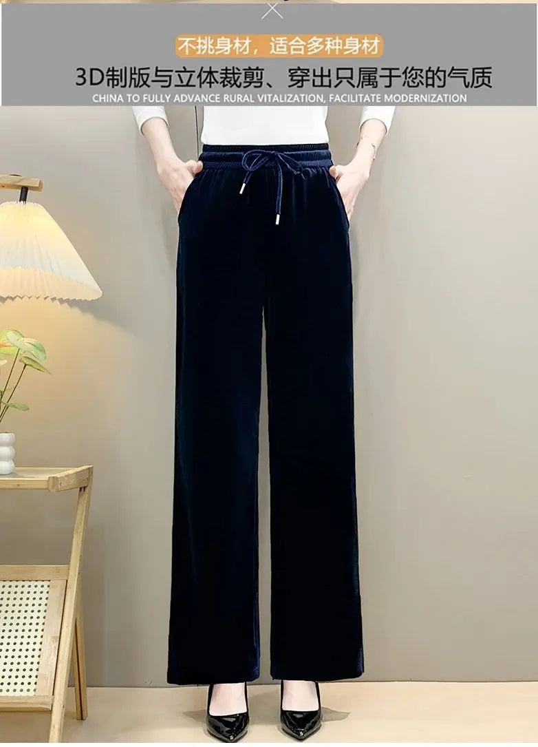 Women Drawstring High Waist Velvet Wide Leg Long Pants