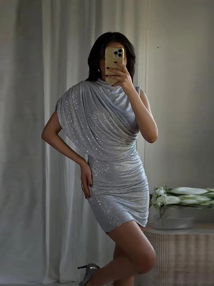 Chic Sequin Solid Dress Women Sexy O-neck Sleeveless Pleated Waist-cinched Empire Dresses Elegant Party Spring Lady Gown 2026