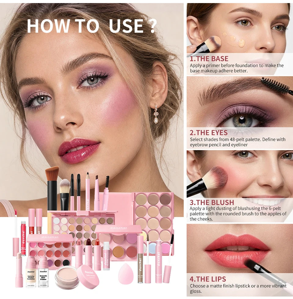 All In One Makeup Set Gathering All Cosmetic Including Base Makeup, Concealer, Contour ,Powder Blusher, Eyebrow Eye, Lip Makeup