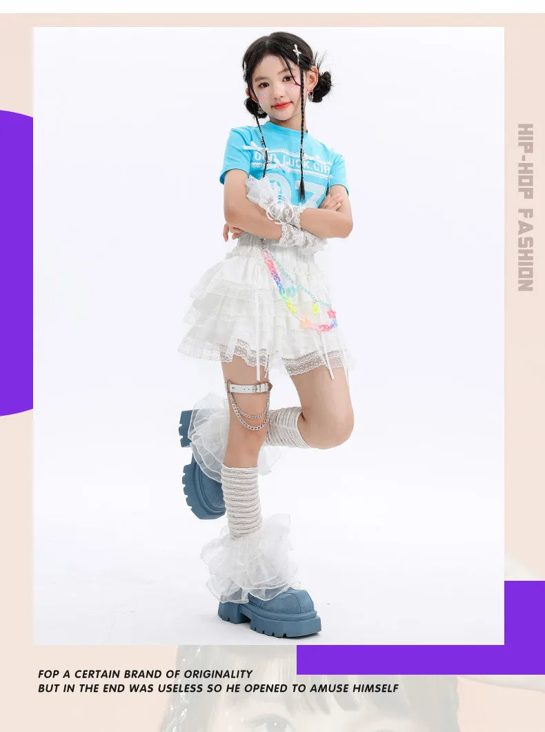 Kid Cute Hip Hop Clothing BLue Crop T Shirt Sleeves White Layered Lace Pleated Mini Skirt for Girls Jazz Dance Costume Clothes