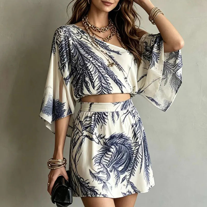 Fashion Leaf Print Bohemian Vacation Outfit Sexy Skew Collar Hollow Top+A-Line Skirts Women's Suit Spring Flare Sleeve Loose Set