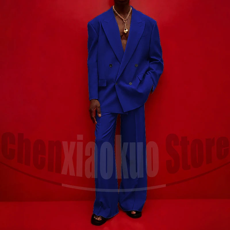 Men's Double Breasted Suit Set Oversized Blazer and Wide-Leg Trousers Fashion Casual Formal Outfits for Streetwear Party