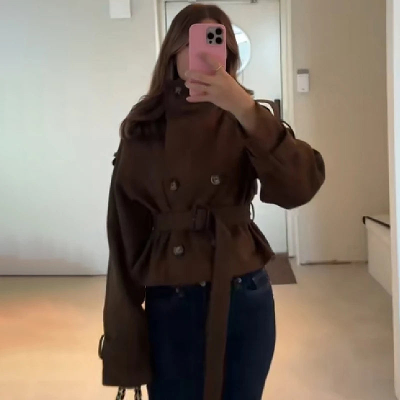 Women Vintage Cropped Coat Stand Collar Waist Slim Belt Double-breasted Jacket 2026 Autumn Winter Commute Office Party Outerwear