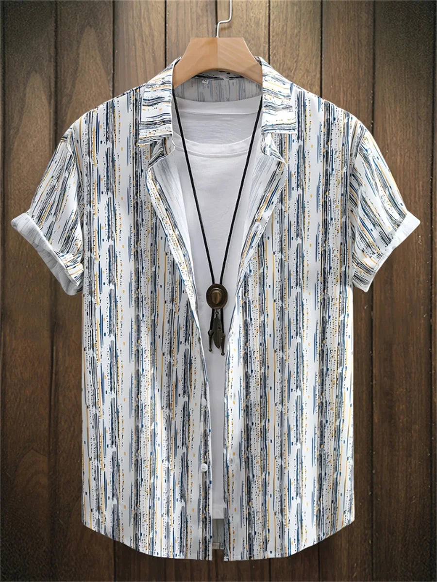 New Summer Men's Shirt with Blue and White Porcelain Floral Print, Short-Sleeve Shirt, Casual Loose-Fitting Lapel Hawaiian Shirt