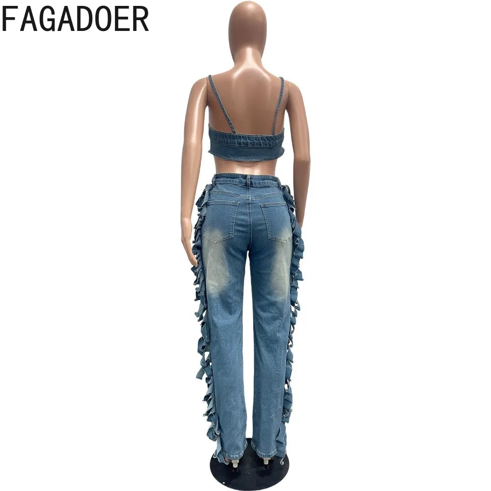 FAGADOER Fashion Hollow-out Bodycon Denim Jumpsuit Women Spaghetti Strap Tassel Patchwork Rompers Female Streetwear Overalls New