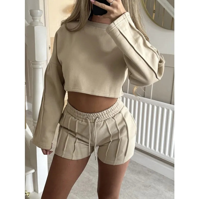 Women 2 Piece Outfits Pink Crop Top Long Sleeve Sweatshirt High Waist Shorts Loungewear Set