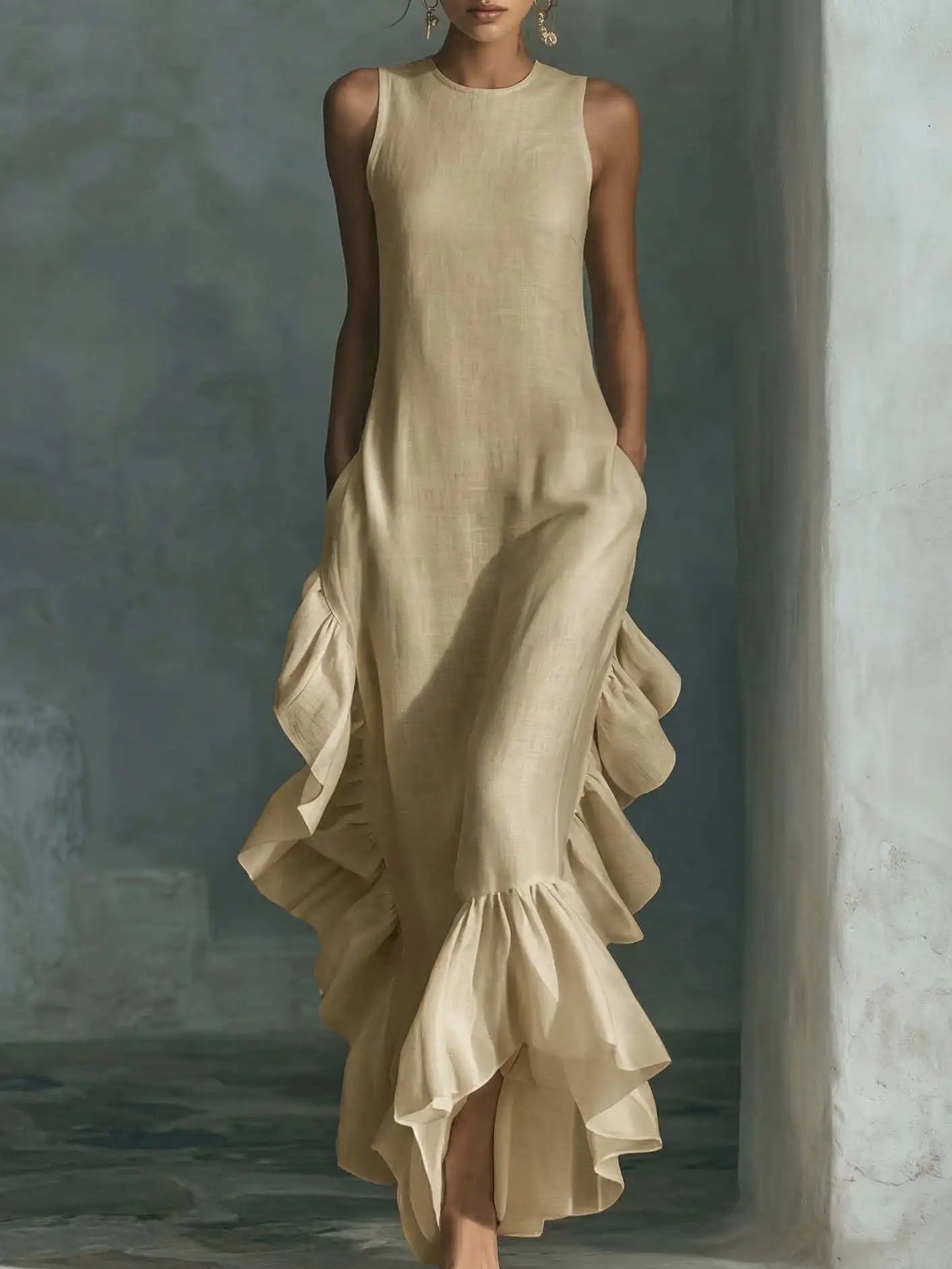 Elegant Solid Ruffle Long Dress Women 2026 Fashion O Neck Sleeveless Maxi Dress Summer Ruffle Hem Tank Boho Vacation Beach Dress