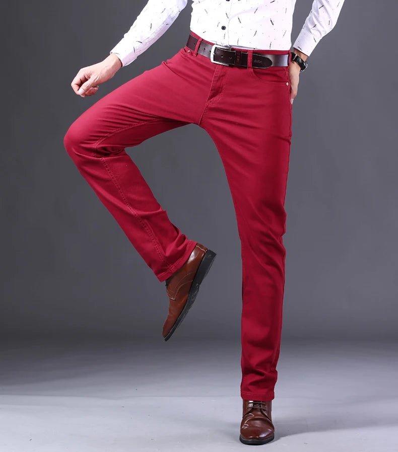 2026 New  Spring Autumn Wine Red Jeans Men Fashion Casual Classic Style Business Straight Fit Soft Trousers Male Advanced Pants