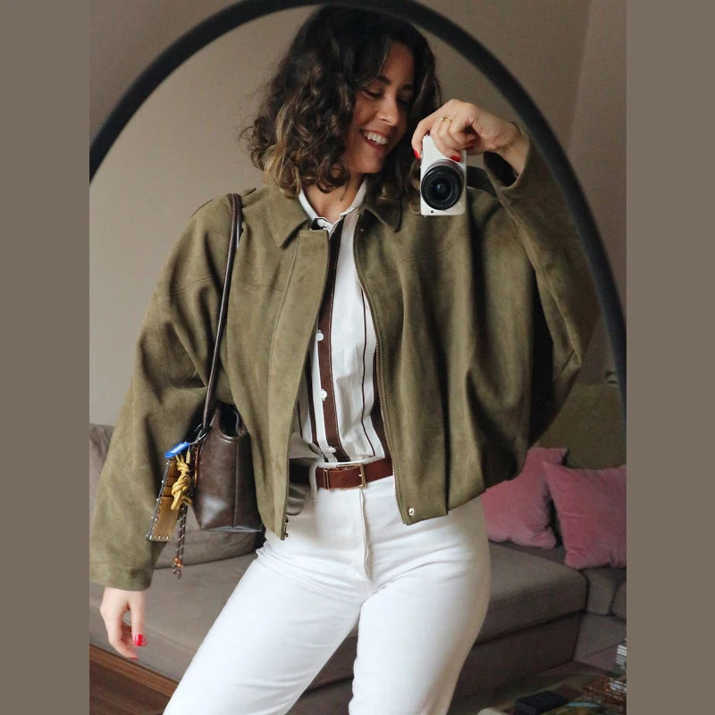 2026 Women's Bomber Jacket Lapel Long Sleeve Zipper Suede Jacket Women New High Street Cropped Racing Jackets Coats Outerwears