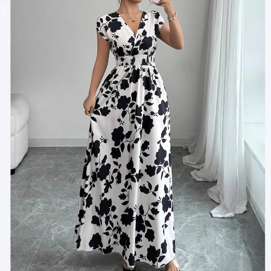 2026 Women's New Fashion Casual Daily Comfortable Elegant Lace-up Floral Print V-neck Short Sleeve Waist Women's Long Dress