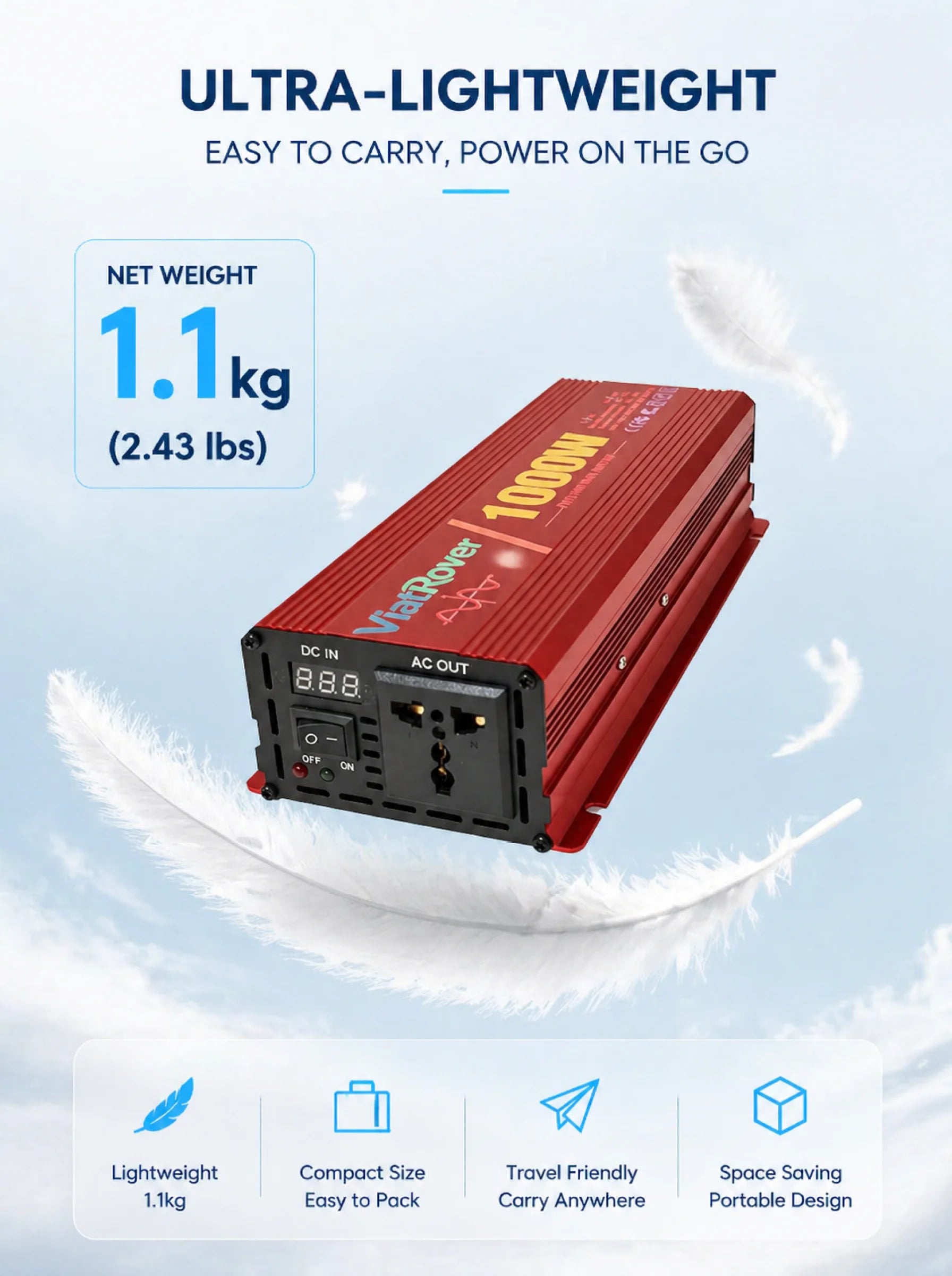 Pure Sine Wave Inverter 1000W 12V/24V To 110V220V Power Converter LCD Display