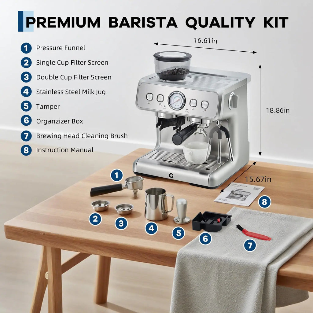 20 Bar Stainless Steel Espresso Machine With Grinder & Milk Frother 2.8L Removable Tank Adjustable Shot Volume For Home Office