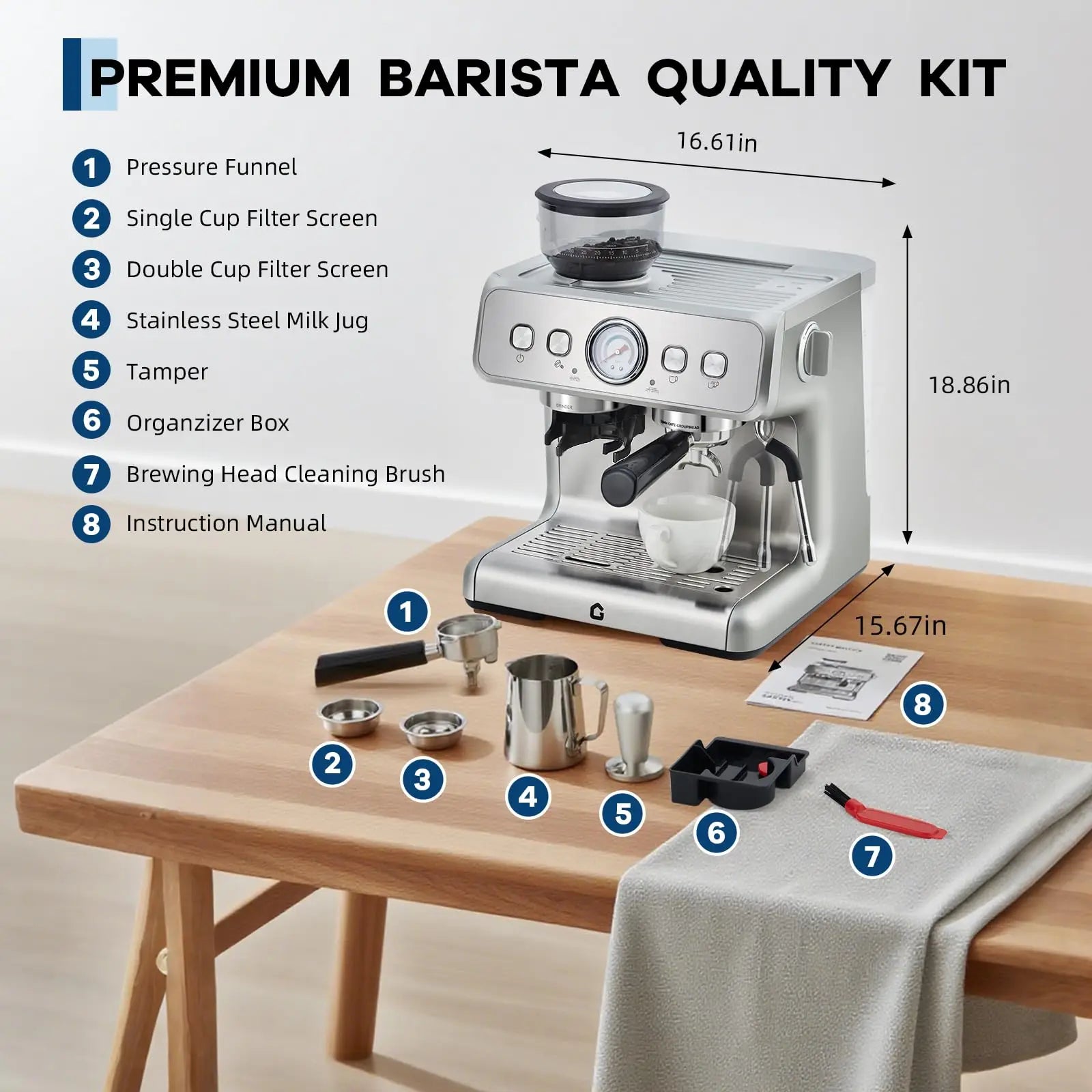 20 Bar Stainless Steel Espresso Machine With Grinder & Milk Frother 2.8L Removable Tank Adjustable Shot Volume For Home Office