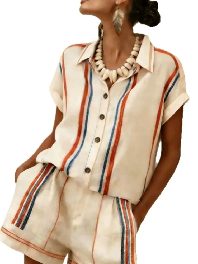 2026 Women Two-piece Set  Vertical Striped Top Women's Summer Loose Casual Versatile Lapel-neck Shorts Sleeve Shirt Shorts Suit
