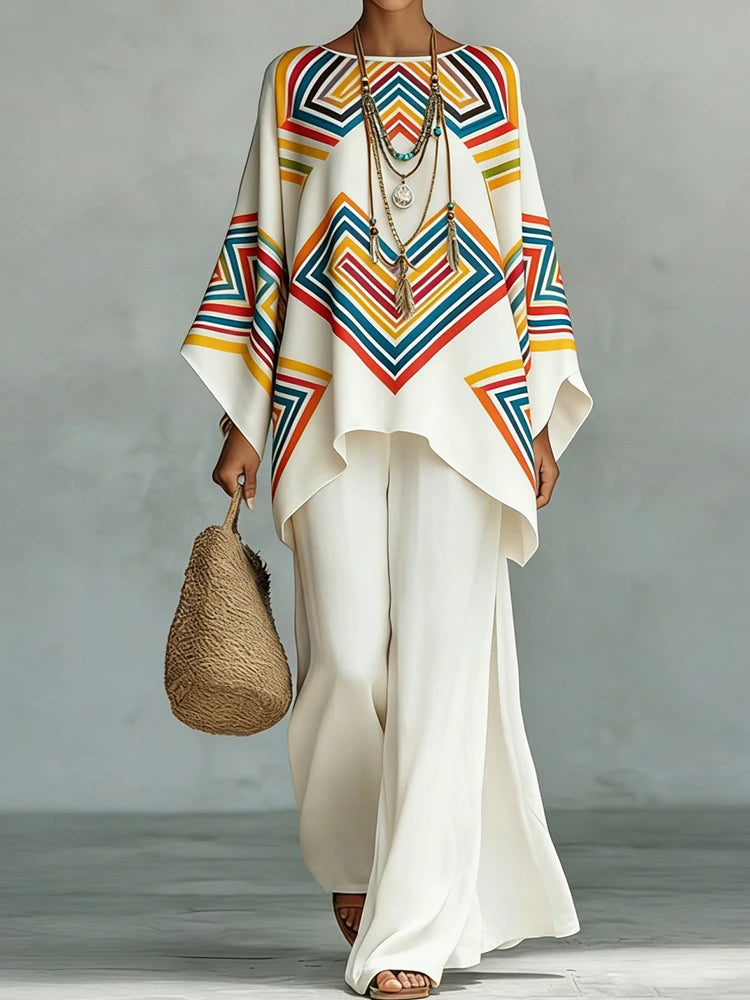 Women Casual Long Loose Top Two Pieces Sets, Summer Holiday Wide Leg Pants Fashion 2PC Outfit, Retro Printing Chic Ladies Suits