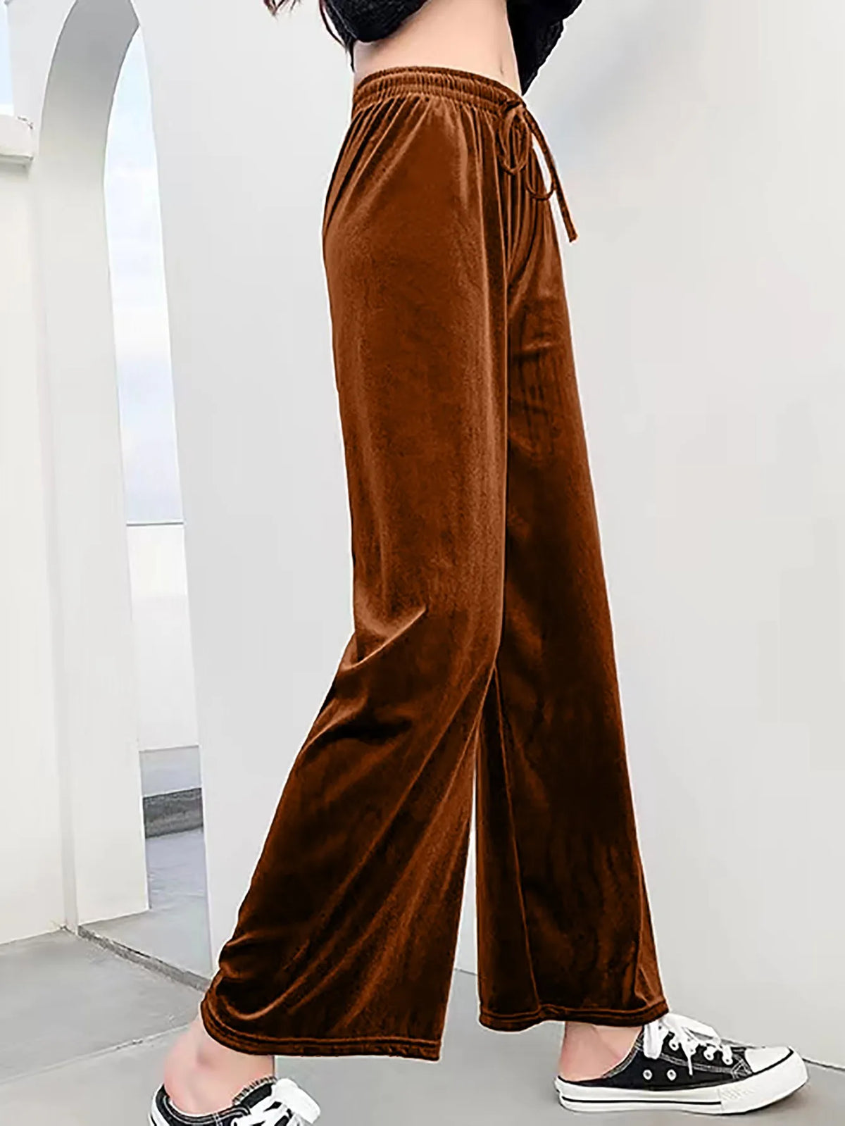 Casual Wide Leg Pants Loose Fit Japanese Korean Casual with Elegant Full Length Regular Thickness Flocked Autumn Women Pants