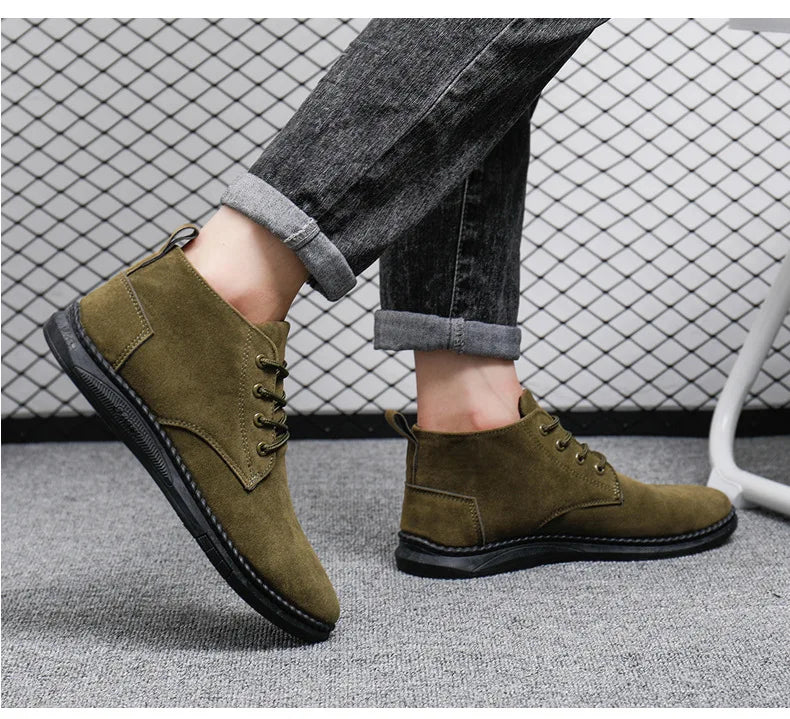 High Top Casual Grey Suede Shoes Men's Lace Up Black Flat Bottom Short Boots Men's Chelsea Boots High-quality Brand Denim Boots