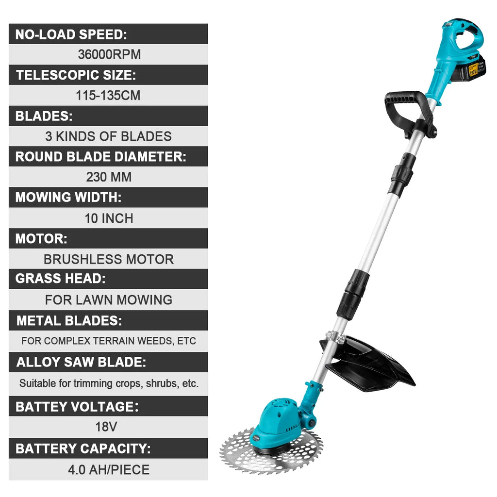 Gisam 10Inch Brushless Electric Lawn Mower 36000RPM Grass Trimmer Length Adjustable Garden Power Tool For Makita 18V Battery Pin