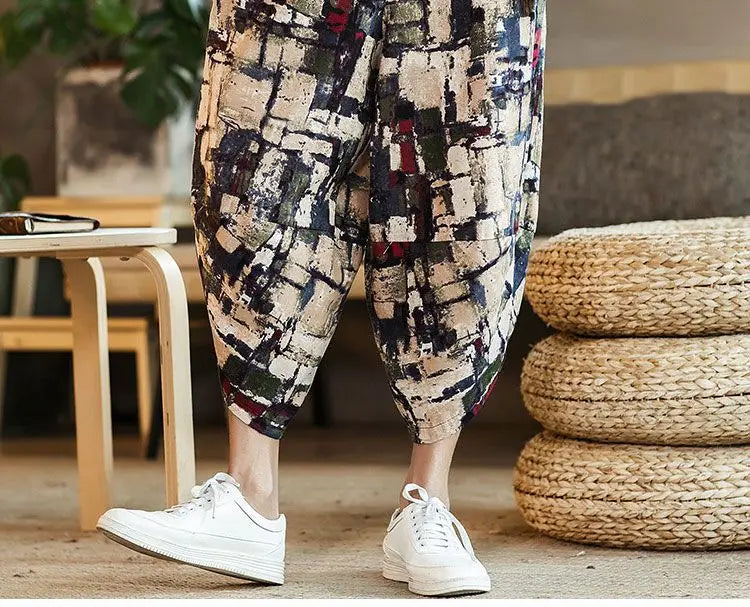 Men's Casual Cotton Linen Seven-Foot Pants Summer plus Size Lantern Loose Fit Shorts Harlan Style Comfortable Breathable Leis...