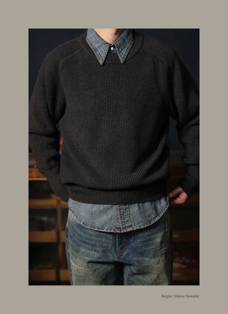 Classic Raglan Sleeve Crewneck Sweater Vintage Style Men's Wool Blend Knitted Pullover Jumper Thick