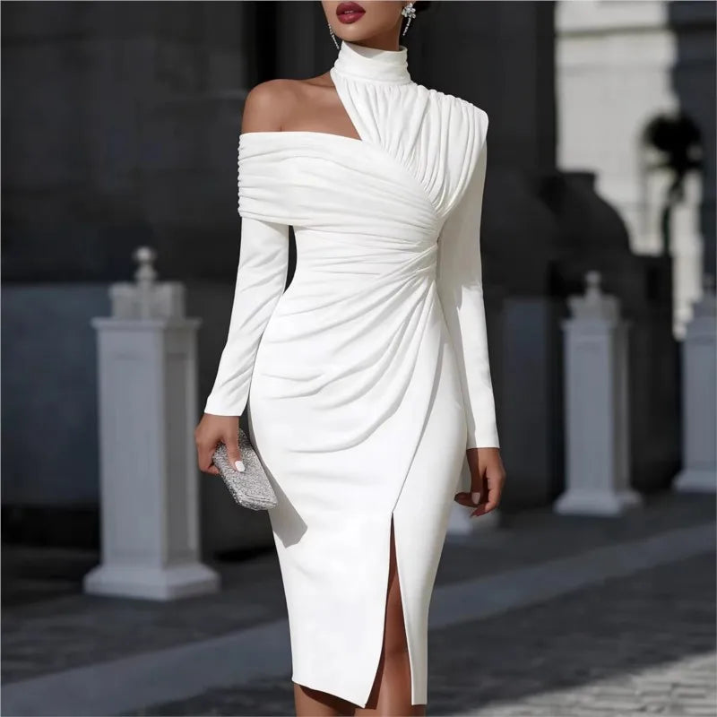 Women's Elegant Off Shoulder High Neck Midi Dress Long Sleeve Ruched Bodycon Package Hip Dress With Slit Formal Party Dress New