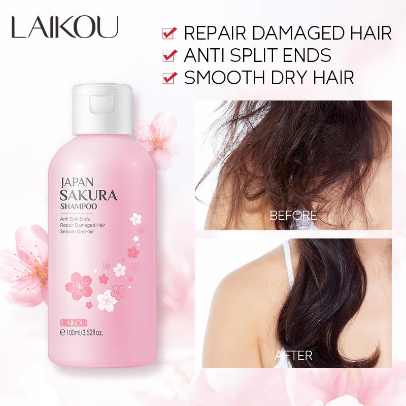 LAIKOU Japan Sakura Shampoo 100ml Travel Size Repair Split Ends Smooth Dry Damaged Hair Cherry Blossom Fragrance Hair Wash