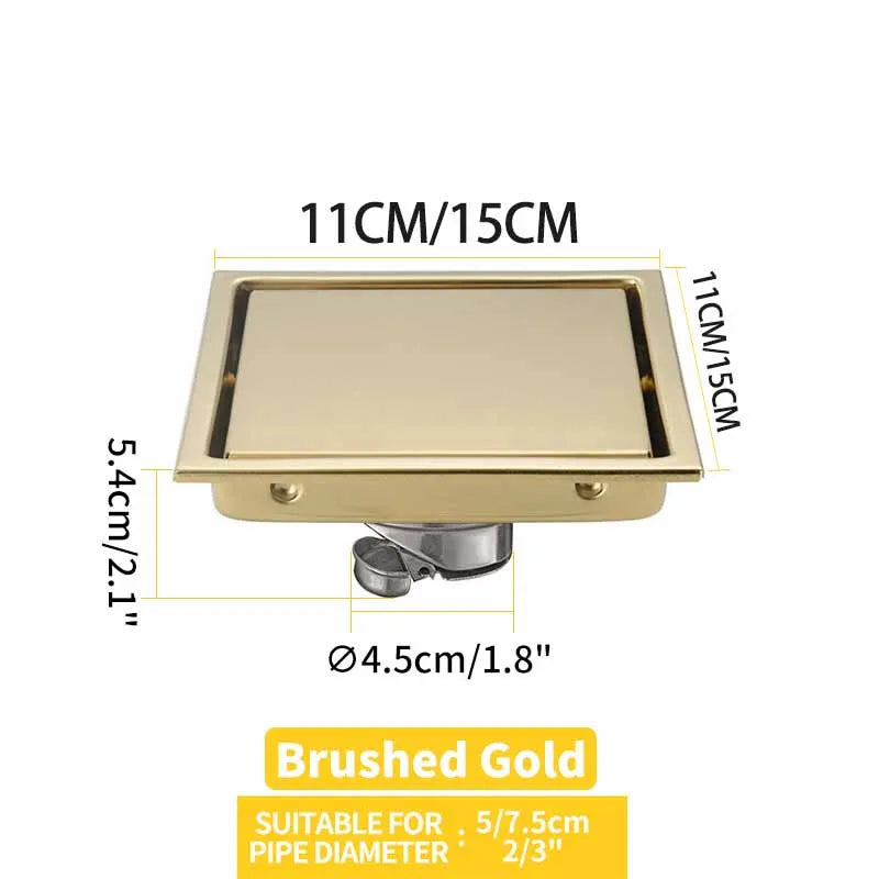 Square Shower Drain Tile Insert Anti Odor Stainless Steel Floor Drain Kit with Removable Grate Cover Hair Strainer Black Gold