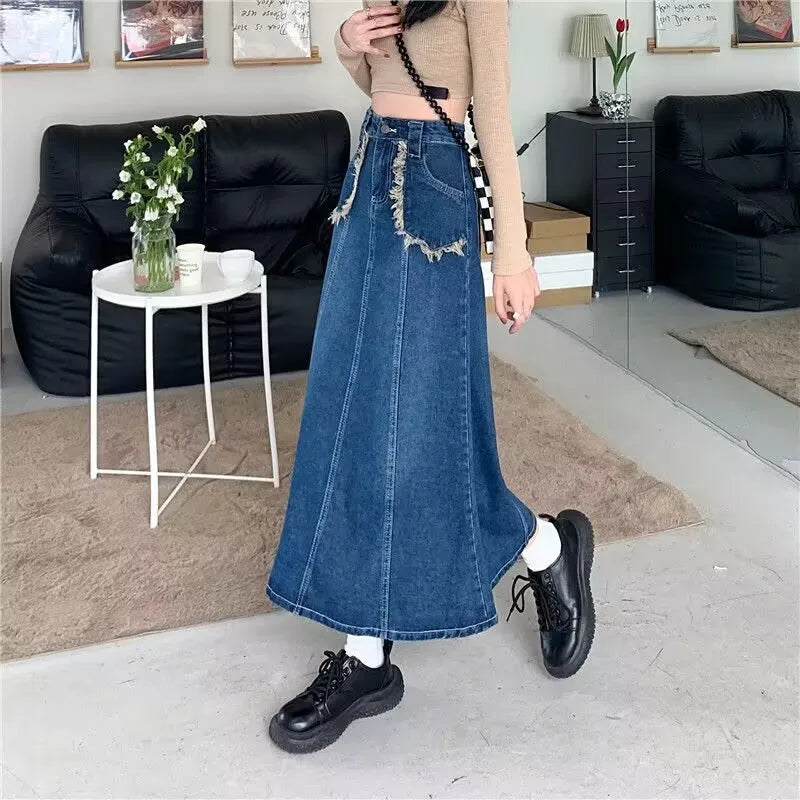 Women's Tassel Denim Long Skirts, Vintage Pocket, A-line Jeans Skirt, High Waist, Women's Fashion, Spring, S-5XL
