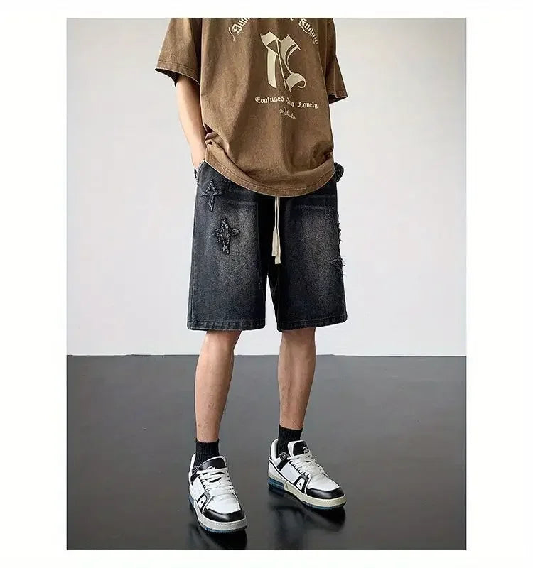 Embroidered Denim Shorts Men's Summer American Retro Street Five-point Pants Trendy Brand Trendy Loose