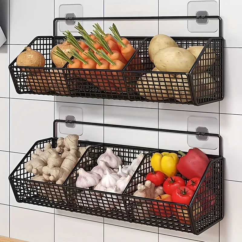 Wall-Mounted Multi-Functional Kitchen Organizer - Durable Metal Vegetable, Garlic, and Onion Storage Basket - Storage Organizer