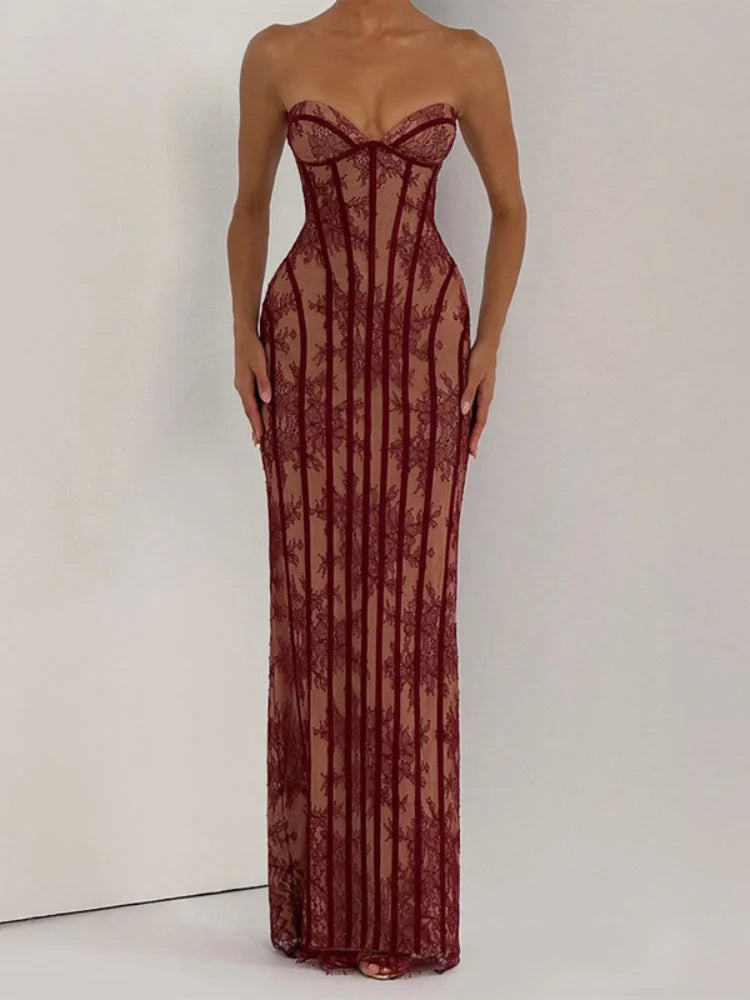 Women Gauze Fishbone Strapless Dress Chic Backless Off-shoulder Waist Cinching Slim Maxi Vestidos 2026 Lady Evening Party Gowns