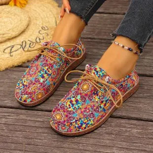 Spring 2025 Women's Printed Canvas Shoes Flat Platform Casual Toe Loafers Breathable Autumn Fashion Sneakers