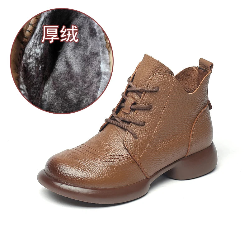 GKTINOO Women Autumn Boots Cowhide Ankle Boots 2025 Winter Retro Casual Genuine Leather Mother Boots Fur Keep Warm Low Heel 41