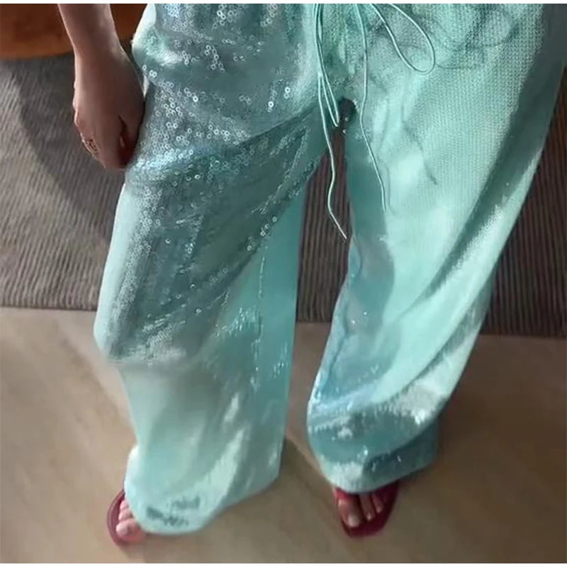 Street Sequin Loose Lace Up Pants Women Elastic Waist Wide Leg Trousers Female 2026 Spring Summer Lady Shiny Party Club Clothes