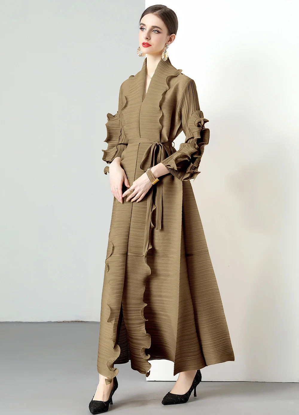 2024 Miyake Ruffled Early Spring and Autumn New Long Sleeve Ruffled High Elastic Dress V-neck Long Sleeve Women's Dress