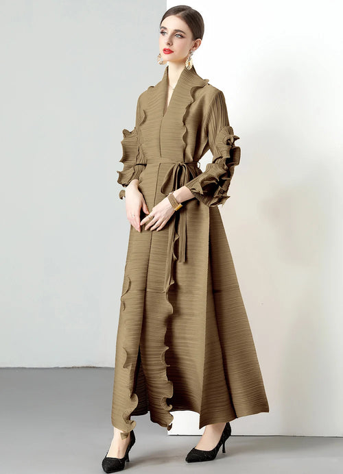 2024 Miyake Ruffled Early Spring and Autumn New Long Sleeve Ruffled High Elastic Dress V-neck Long Sleeve Women's Dress