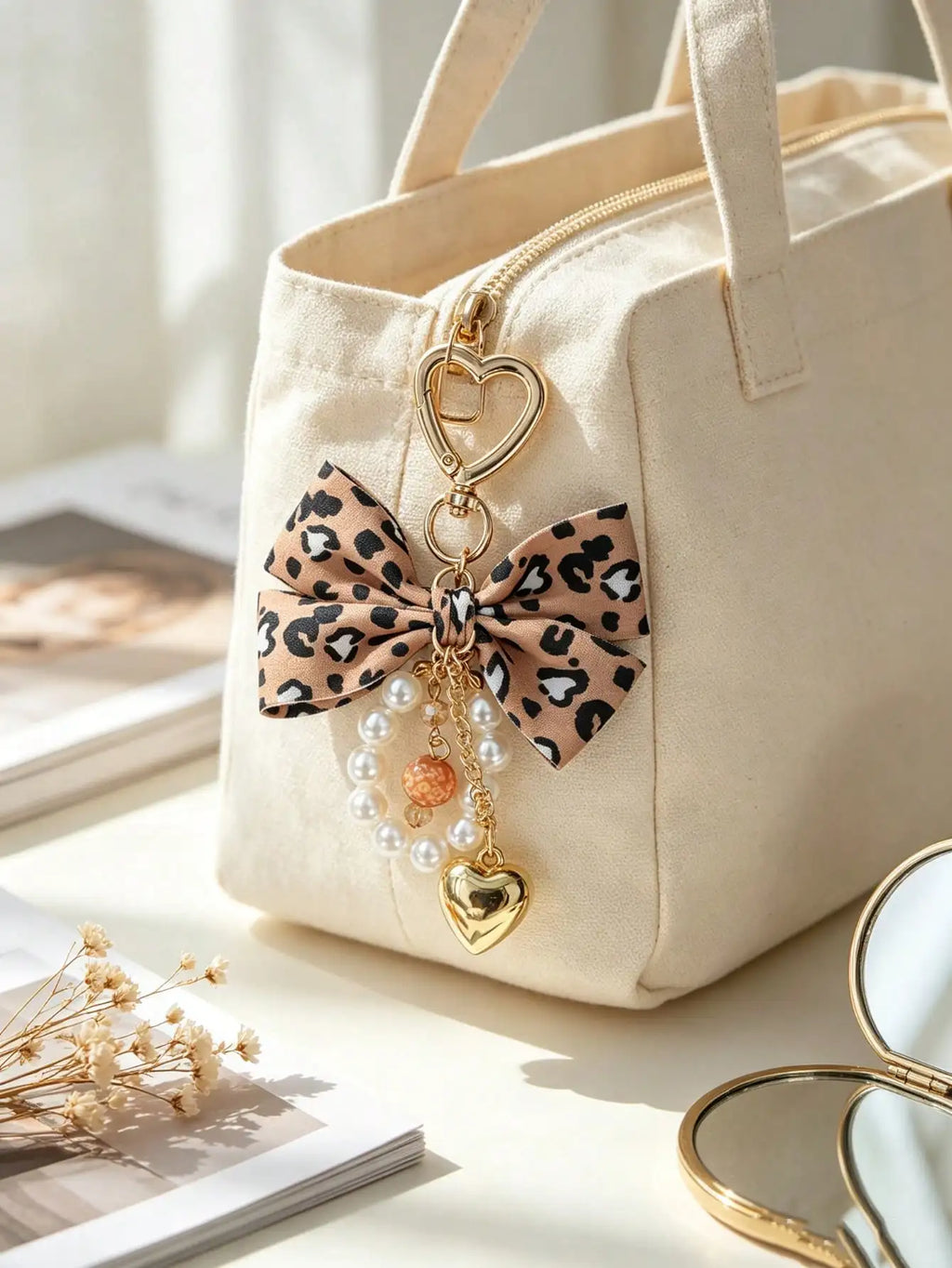 Leopard Print Bow Keychain Heart Pendant Women's Bag Simple Charm Pearl Keychain Beaded Charm Gift For Women
