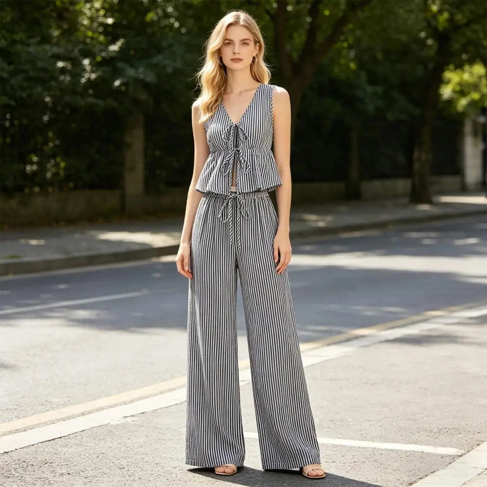 Women's Summer Striped Lace-up 2 Piece Outfits Tie Front Ruffle Lightweight Sleeveless Tank Top and Wide Leg Pants Lounge Sets