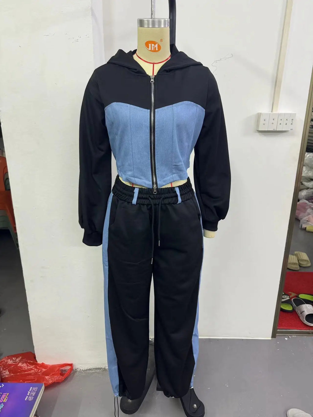 Hoodie Patchwork Denim 2 Piece Sets Women Outfit Slim Hoodies Crop Top Wide Leg Sweatpants Suit Streetwear Casual Tracksuits