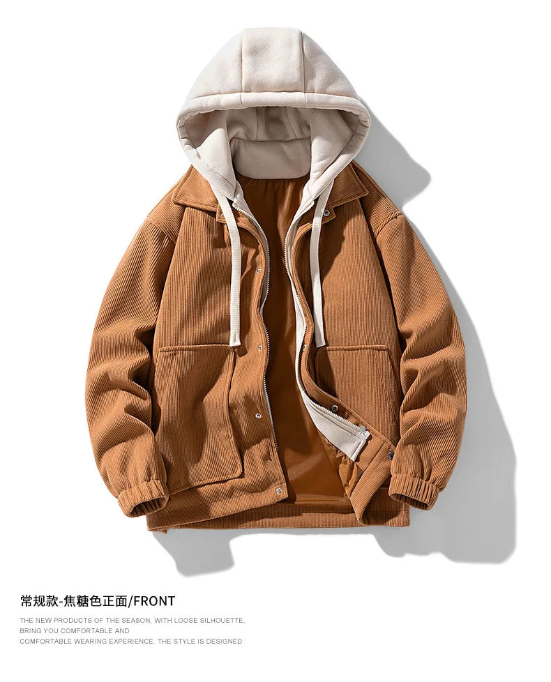2025 New Corduroy Jacket Men's Harajuku Japanese Windproof Warm Fake Two-piece Hooded Coat Womens Casual Loose Pocket Jacket 4XL
