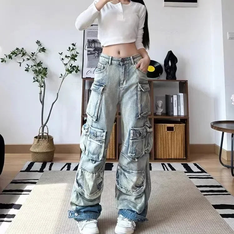 Jeans Women Denim Distressed Multi Pocket Y2k Streetwear Cargo Pants Casual High Waist Zipper Fly Winter Gradient Mom Jeans